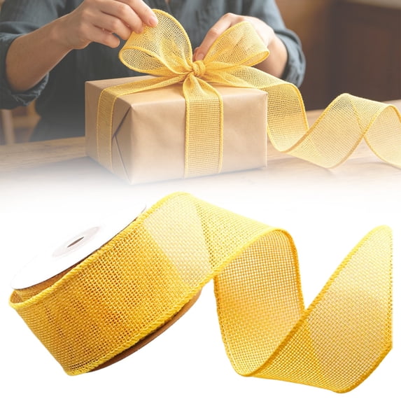 Yellow Burlap Wired Ribbon for Gift Wrapping Solid Ribbon with Wire Edge for Big Bow,Wreath,Xmas Tree Decoration,Flower Bouquet Bow Making Wedding Birthday Christmas Decor Jute Rustic Line Ribbons