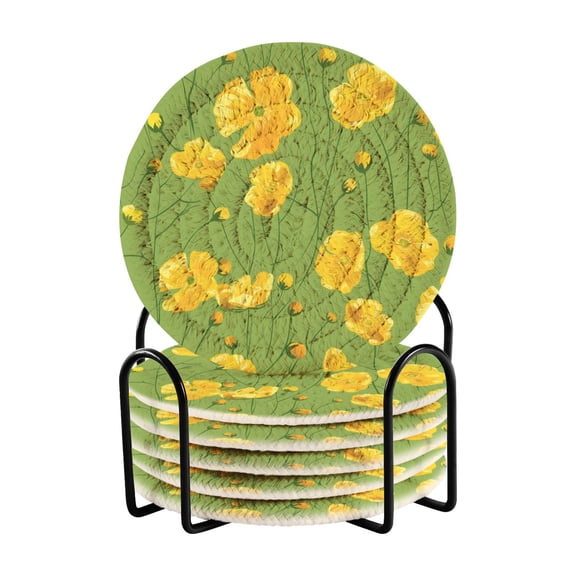Yellow Buttercups Drinking Coasters Cup Mat with Holder for Kitchen Cafe Bar 6 Packs