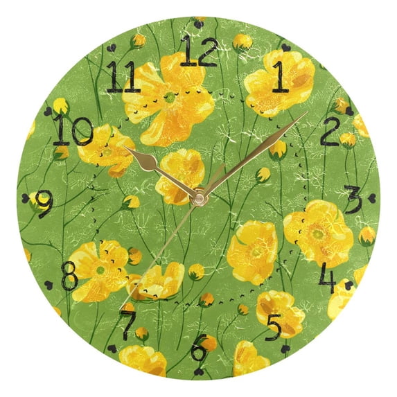 Yellow Buttercups Round Wall Clock Silent Analog Battery Operated Gold Pointer Home Decor 9.84" Diameter