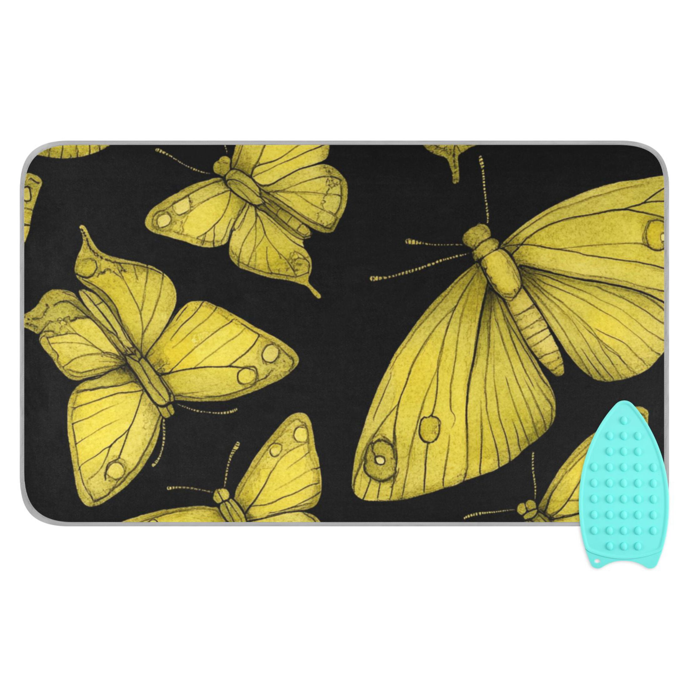 Yellow Butterflies on Black Ironing Mat Blanket for Table Top Travel Portable Ironing Board Pad 47.2x27.6 Inch