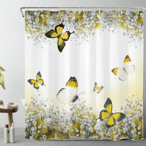 Yellow Butterfly Flower Shower Curtain for Bathroom Floral Plant Bathroom Shower Curtain Nature Animal Flower Landscape Shower Curtain Bath Accessories Home Decor with 12 Hooks 72x72 Inches