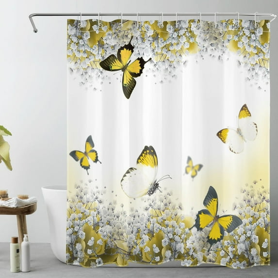 Yellow Butterfly Flower Shower Curtain for Bathroom Floral Plant Bathroom Shower Curtain Nature Animal Flower Landscape Shower Curtain Bath Accessories Home Decor with 10 Hooks 60x72 Inches