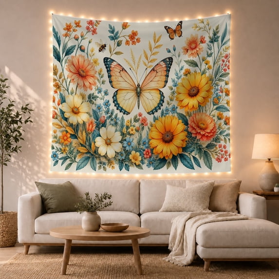 Yellow Butterfly Over Garden Flowers With Bees, Peaceful Watercolor for Butterfly Lovers, Botanical Wall Decor, Mother's Day Gift, Tapestry Wall Hanging for Bedroom and Living Room