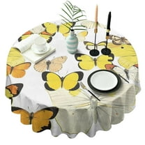 Yellow Butterfly Pattern Round Tablecloth 60"x60",Wrinkle Wipeable Table Cloth for Kitchen Dining Room Picnic Patio Party