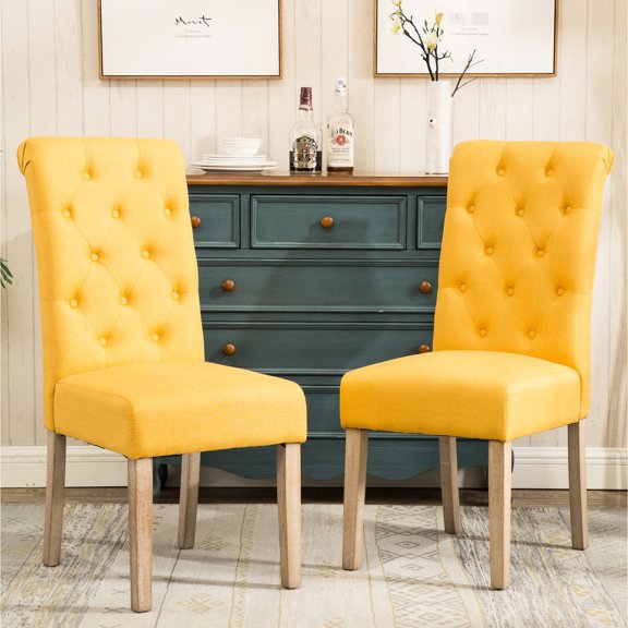 Yellow Button Tufted Solid Wood Dining Chair Set of 2 / Comfortable and Durable Seating