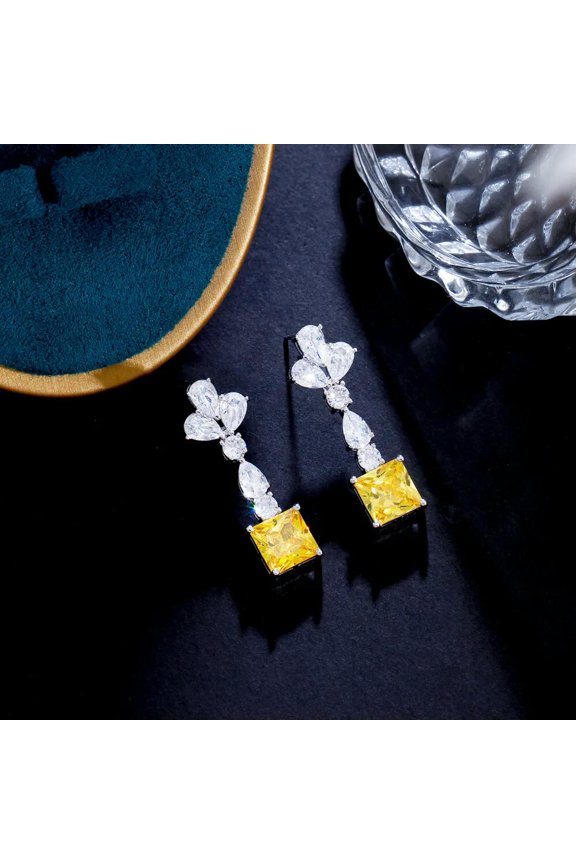 Yellow CZ Long Drop Square Dangle Earring for Women Silver Plated Trendy Jewelry