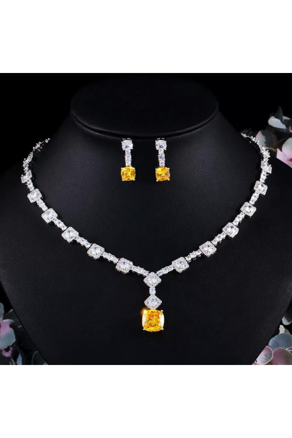Yellow CZ Party Necklace Earrings Dubai Nigerian Square CZ Fiancee Jewelry Set
