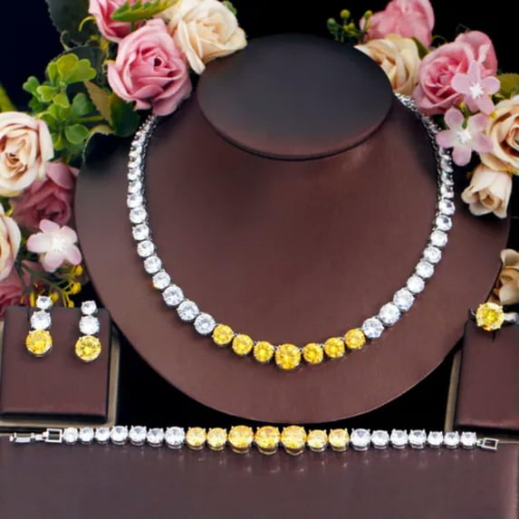 Yellow CZ Round Fiancee Engagement Jewelry Necklcae Earrings Bracelet Ring Set