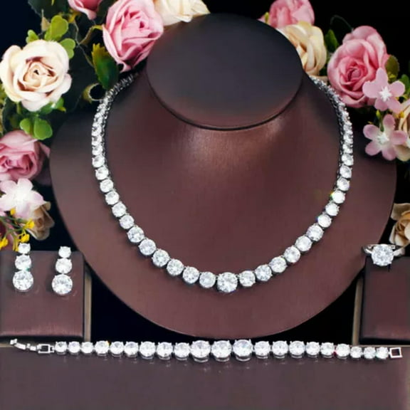 Yellow CZ Round Fiancee Engagement Jewelry Necklcae Earrings Bracelet Ring Set