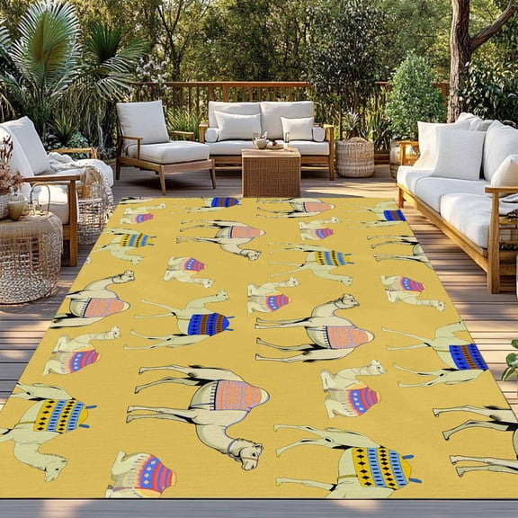 Yellow Camel Indoor Outdoor Rugs 6x9 Ft, Exotic Cute Cartoon Camels Wild Animal Desert Landscape Outdoor Patio Rugs Mat Washable Outside Area Rugs Carpet for Porch Deck RV Camping Pool Balcony