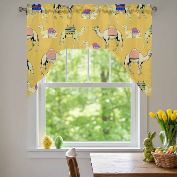Yellow Camel Swag Valances for Kitchen Window, Exotic Cute Cartoon Camels Wild Animal Desert Landscape Small Swag Valances Rod Pocket Curtain Drapes Window Treatment for Bedroom Bathroom, 56x36 Inch