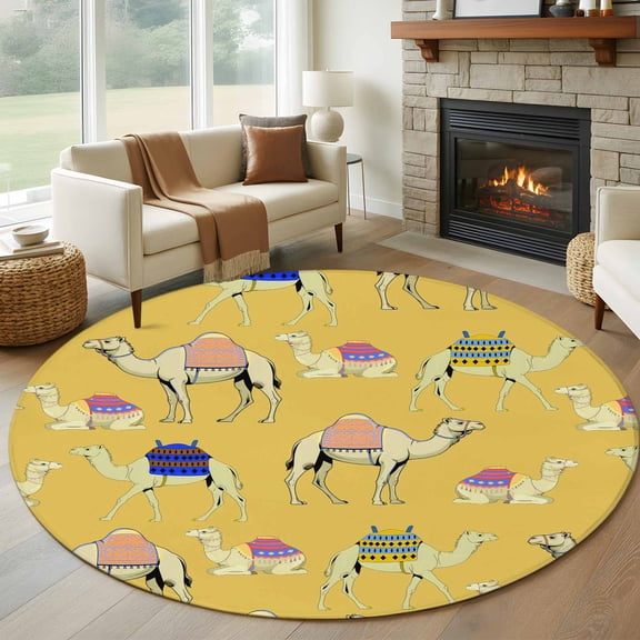 Yellow Camels Round Area Rug 6Ft Washable Circle Rugs for Bathroom Office, Modern Watercolor Cute Funny Animals Non-Slip Carpet Floor Mats Indoor Outdoor Carpet Runner Aesthetic Home Decor