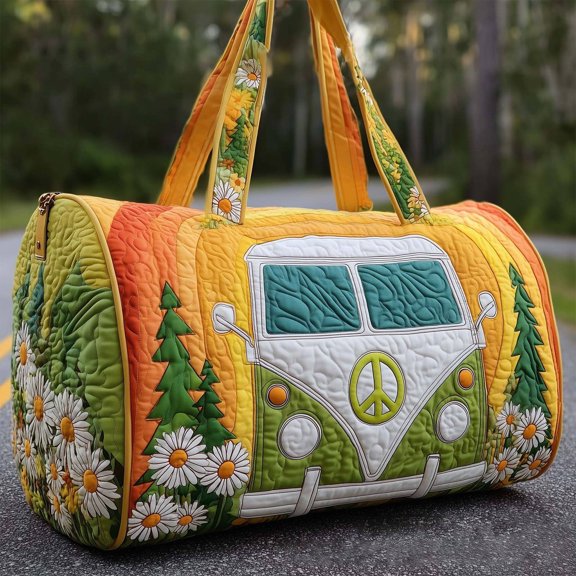 Yellow Camper Van Hippie Floral Gym Bag For Women Travel Duffle Handbags Quilted Tote Bag Large Car for Overnight Weekend Gym Carry On Luggage Bag (Yellow, 18" x 9" x 9")