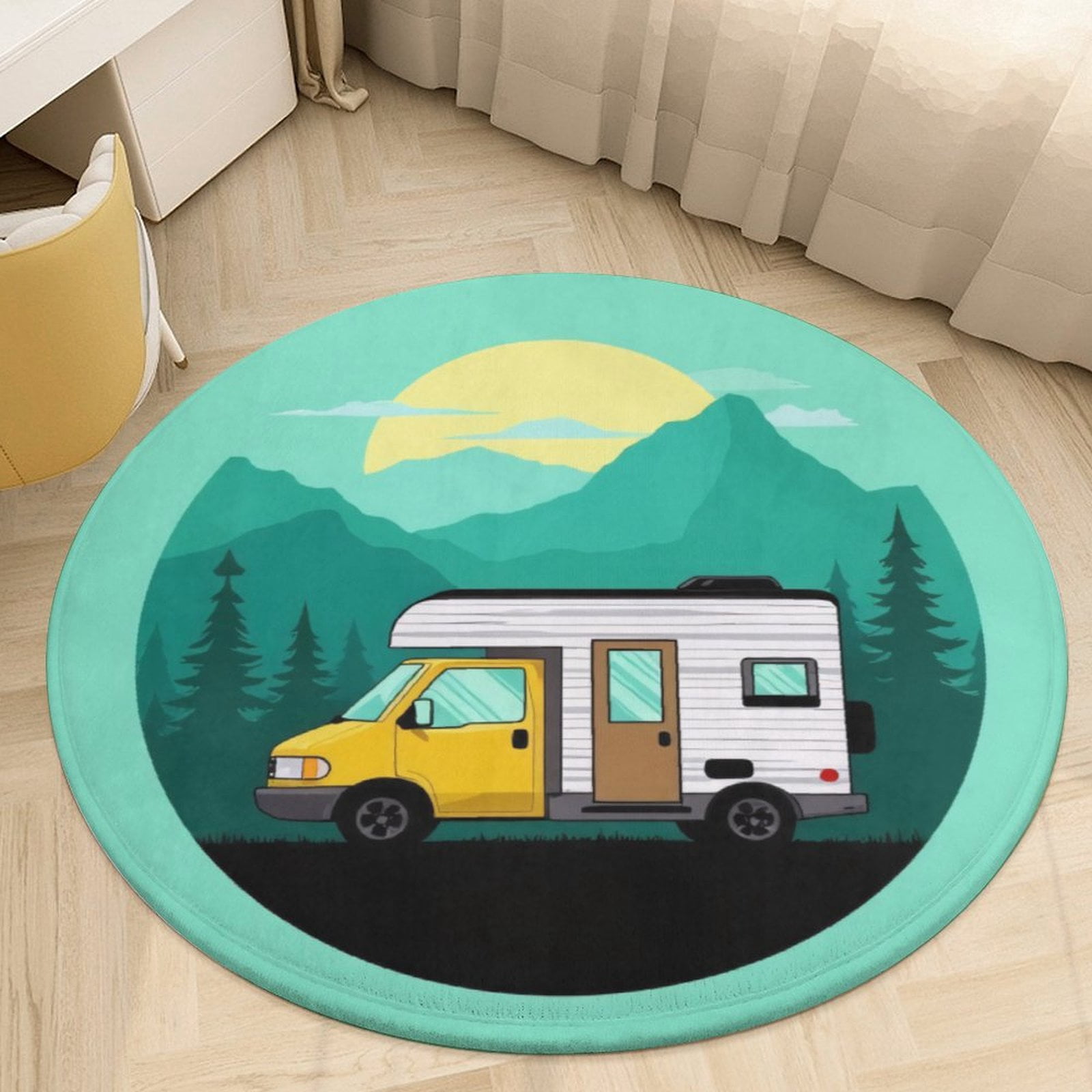 Viajar Rugs Yellow Camper Van in Mountains Round Area Rugs for Bedroom Living Room ...