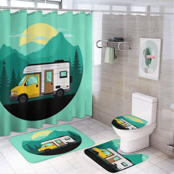 Yellow Camper Van in Mountains Shower Curtain Set Modern Bathroom Decor Mats 4pcs Fabric Bathroom Curtain Slip Floor Rug Toilet Lid
