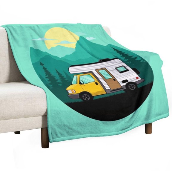 Yellow Camper Van in Mountains Throws Blankets for Sofa Bed Winter Plush Warm Blanket Holiday Gifts