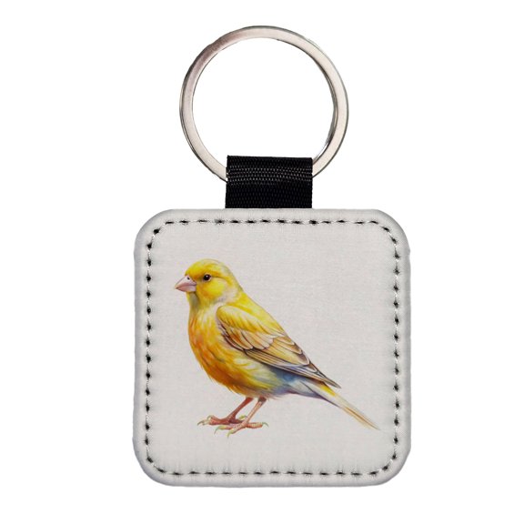 Yellow Canary Bird Watercolor Faux Leather Square Keychain