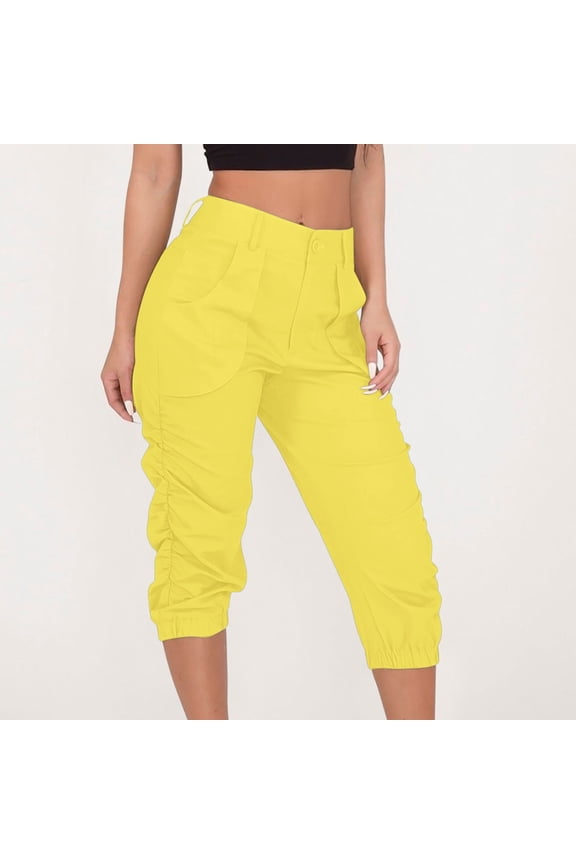Capri Pants for Womens Cargo Trousers Cargo Pants with Pocket High Waist Jogging Bottoms Solid Color Summer Trousers Leisure Trousers Paperbag Work Trousers Woman Pants Clearance