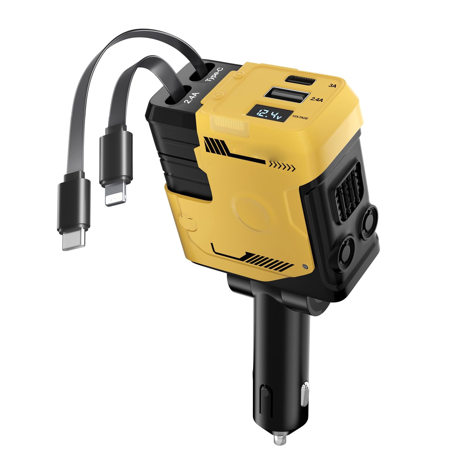 Yellow Car Fast Charging 120W On-Board Charger, Retractable Car Charger with Retractable Cables, 4 in 1 Super Fast Car Phone Charger, 2 USB Ports Car Charger Adapter