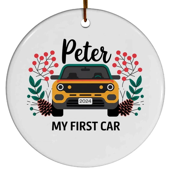 Yellow Car - First Car Ornament 2025, Customized Name Cars Christmas Tree Ornaments, New Driver Car Lover Teen Gift, My New Car Ornament, New Driver Gift, Our First Car