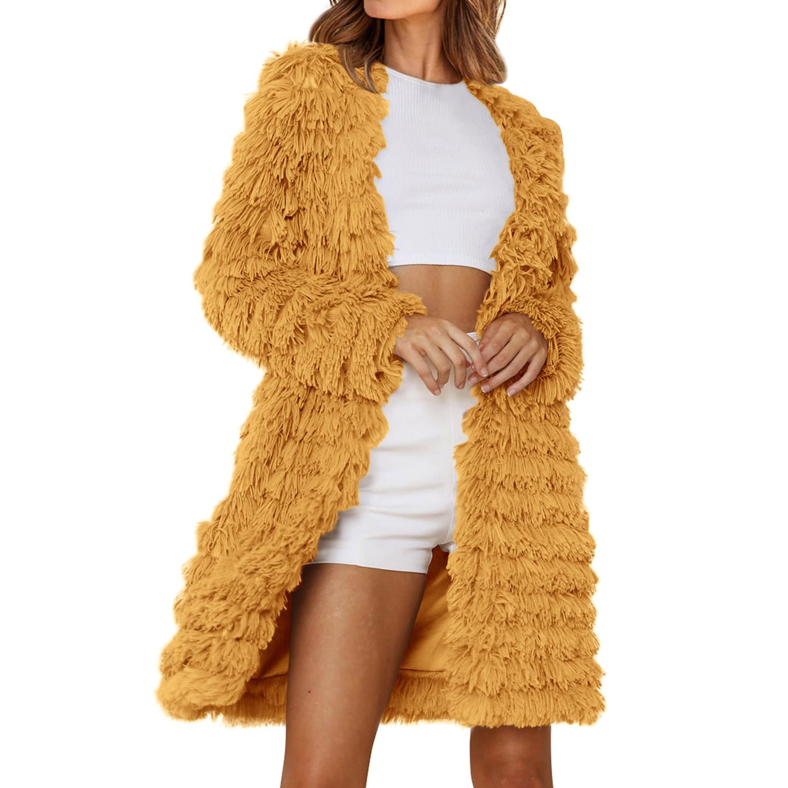 Yellow Cardigan for Women, Faux Fur Jackets for Women 