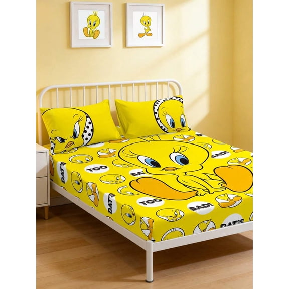 Yellow Cartoon Bird Pattern Fitted Sheet, Soft Breathable Bedding for