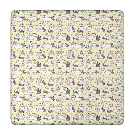 Yellow Cartoon Cat Unicorn Pattern Square Fitted Tablecloth with Elastic Edge,Square Table Cover,Washable Elastic Table Cover for Home Kitchen Party Decor 34"x34"
