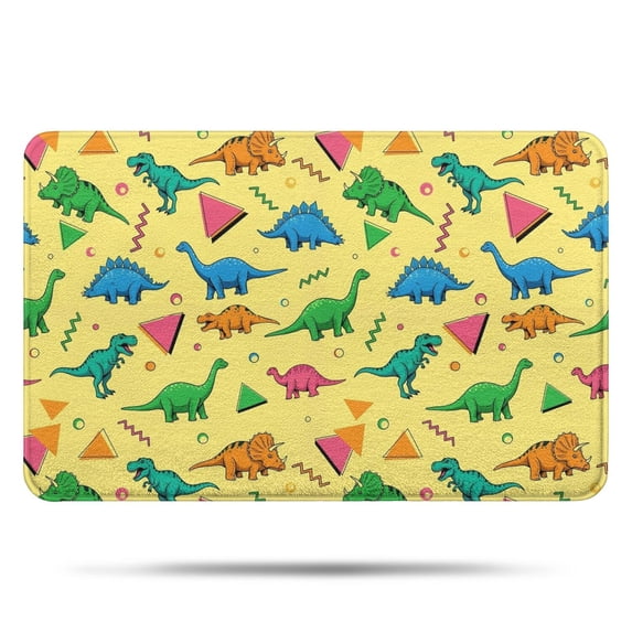Yellow Cartoon Dinosaurs Geometric Shapes Pattern Bathroom Rugs Mat,Non Slip Microfiber Bathroom Rug,Rubber Backing,Soft Bathroom Mats for Bathroom Floor,Tub and Shower,17x27in(43x68cm)