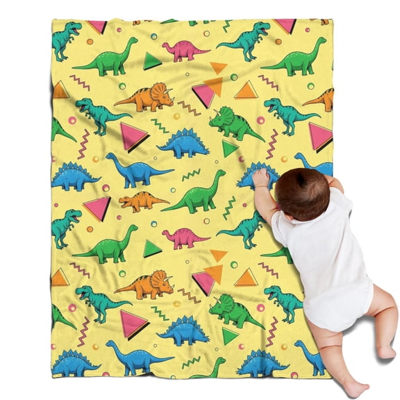 Yellow Cartoon Dinosaurs Geometric Shapes Pattern Blanket,Comfortable Soft Flannel Throw Blanket,All Season,Warm Lightweight Blankets for Sofa Bed Couch Living Room Chair,30"x40"