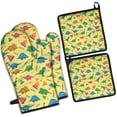 thumbnail image 1 of Yellow Cartoon Dinosaurs Geometric Shapes Pattern Kitchen Oven Mitt and Pot Holder Sets 2 Pcs for Baking, Cooking and Grilling, Heat Resistant Up To 392 °F, 1 of 7