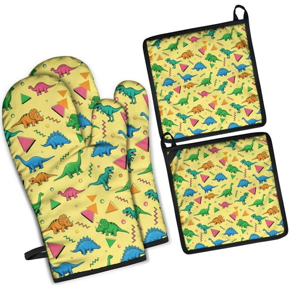 Yellow Cartoon Dinosaurs Geometric Shapes Pattern Kitchen Oven Mitt and Pot Holder Sets 2 Pcs for Baking, Cooking and Grilling, Heat Resistant Up To 392 °F