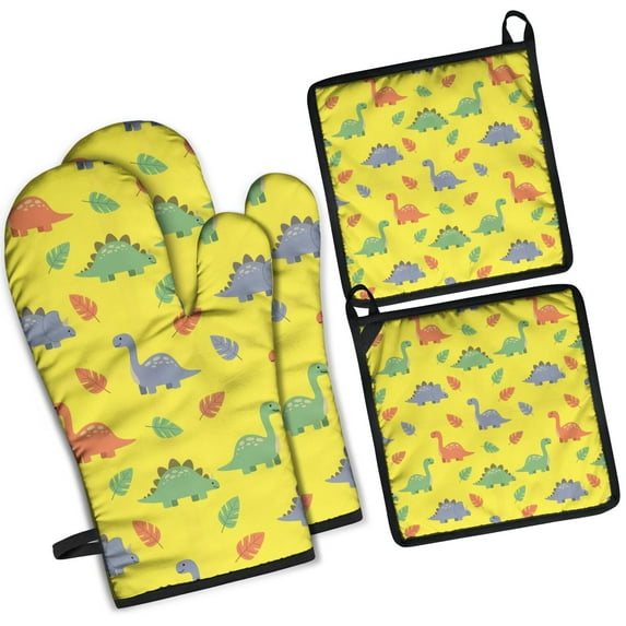 Yellow Cartoon Dinosaurs Leaves Pattern Kitchen Oven Mitt and Pot Holder Sets 2 Pcs for Baking, Cooking and Grilling, Heat Resistant Up To 392 °F