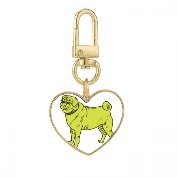 Yellow Cartoon Dog Illustration Pattern Gold Heart Keychain Metal Keyring Holder
