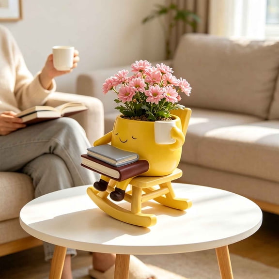 Yellow Cartoon Figurine Resin Planter With Detachable Rocking Chair Base & Drainage Hole,Flower Pot For Living Room Coffee Table Bedroom Indoor Greenery Decor & Housewarming Present(5.9*5.5 in)B
