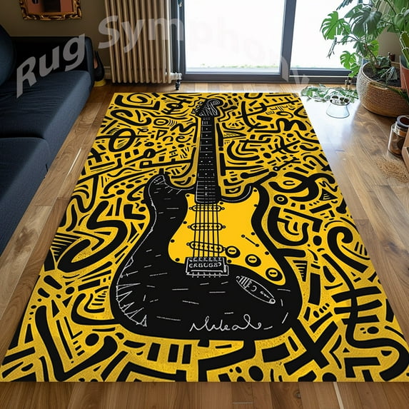 Yellow Cartoon Guitar Illustration Rug 3x5 ft = 95x155 cm
