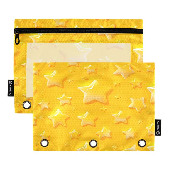 Yellow Cartoon Stars Binder Pouches Zipper Pocket Document Storage 3 Rings 2 Packs A5 Size