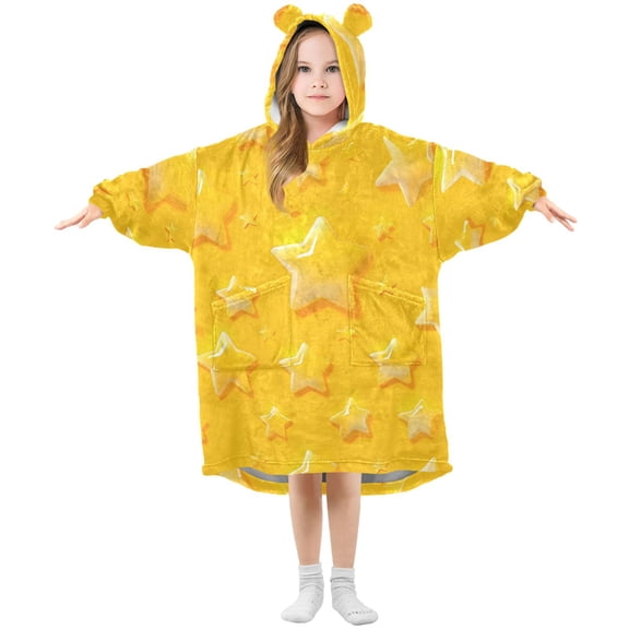 Yellow Cartoon Stars Flannel Wearable Blankets Hooded Design Long Sleeves Wrap Unisex for 3T-14Y S