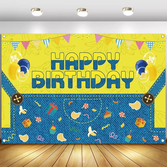 Yellow Cartoon Theme Happy Birthday Photography Backdrop, 5x3ft Big Eyes Background Photo Booth Banner Props for Girls Boys Birthday Baby Shower Holiday Party Decorations Supplies