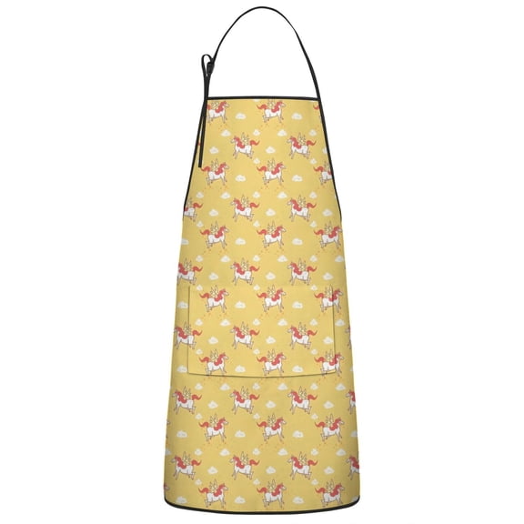 Yellow Cartoon Unicorn Pattern Apron-Garden Aprons for Women with Pockets-Cotton Linen Waterproof Kitchen Cooking Gardening Aprons Adjustable for Kitchen,Cooking,BBQ and Salon 33x27 Inch