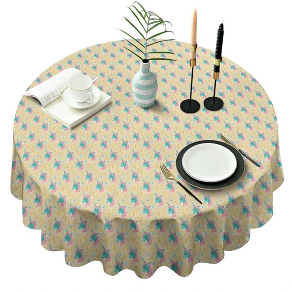 Yellow Cartoon Unicorn Pattern Round Tablecloth 60"x60",Wrinkle Wipeable Table Cloth for Kitchen Dining Room Picnic Patio Party