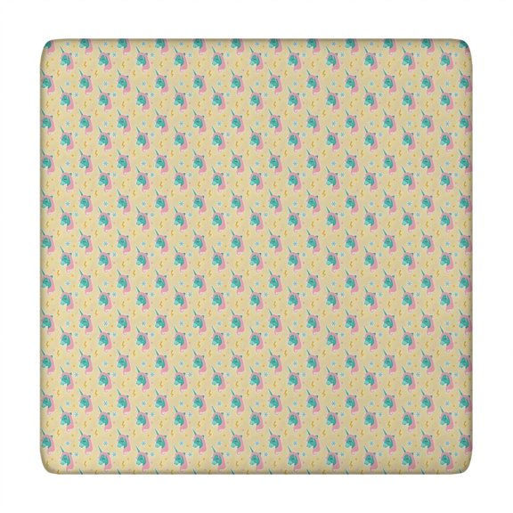 Yellow Cartoon Unicorn Pattern Square Fitted Tablecloth with Elastic Edge,Square Table Cover,Washable Elastic Table Cover for Home Kitchen Party Decor 34"x34"