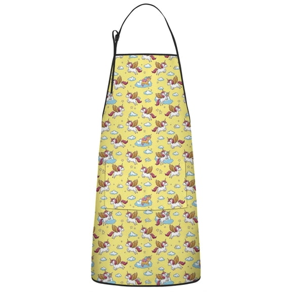 Yellow Cartoon Unicorn Rainbow Cloud Star Apron-Garden Aprons for Women with Pockets-Cotton Linen Waterproof Kitchen Cooking Gardening Aprons Adjustable for Kitchen,Cooking,BBQ and Salon 33x27 Inch