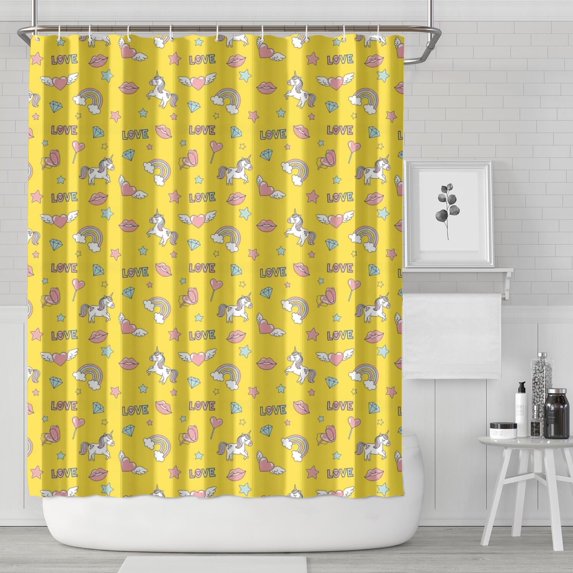 Yellow Cartoon Unicorn Rainbow Heart Diamond Pattern Shower Curtain 84"x72" ,Bathroom Decorative Shower Curtains Set with 12 Hooks,Modern Waterproof Washable Shower Curtain