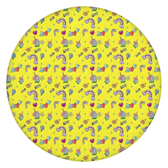 Yellow Cartoon Unicorn Rainbow Heart Pattern Round Fitted Tablecloth with Elastic Edge,Dining Table Cover Waterproof,Outdoor Round Tablecloth for Camping,Dining,Indoor and Outdoor