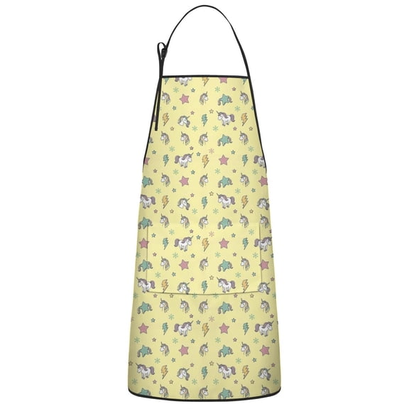 Yellow Cartoon Unicorn Star Lightning Apron-Garden Aprons for Women with Pockets-Cotton Linen Waterproof Kitchen Cooking Gardening Aprons Adjustable for Kitchen,Cooking,BBQ and Salon 33x27 Inch