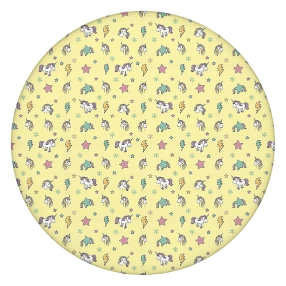 Yellow Cartoon Unicorn Star Lightning Pattern Round Fitted Tablecloth with Elastic Edge,Dining Table Cover Waterproof,Outdoor Round Tablecloth for Camping,Dining,Indoor and Outdoor