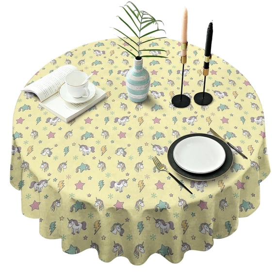 Yellow Cartoon Unicorn Star Lightning Pattern Round Tablecloth 60"x60",Wrinkle Wipeable Table Cloth for Kitchen Dining Room Picnic Patio Party