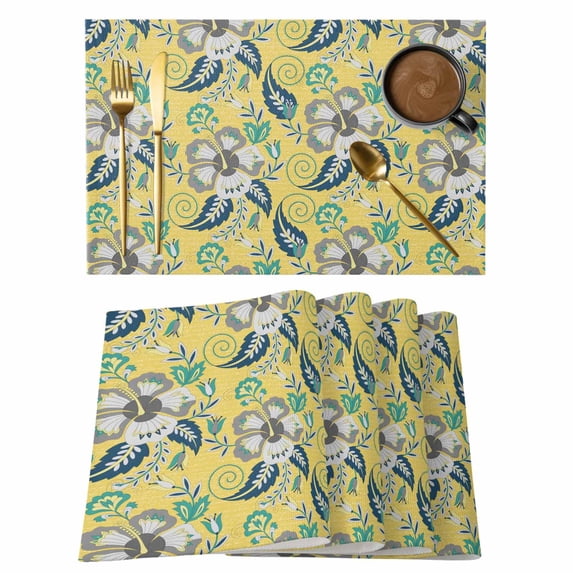 Yellow Cashew Flower Placemats Set of 6, Retro Ethnic Abstract Country Placemats for Dining Table, Place Mats for Kitchen Tabletop, Waterproof Wipeable Dining Table Mats Set