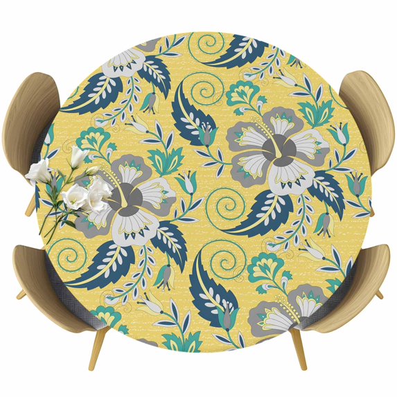 Yellow Cashew Flower Round Tablecloth, Fitted Table Cover with Elastic for 45"-54" Round Tables, Retro Ethnic Abstract Country Table Cloth Outdoor Indoor Dinning Party Waterproof Tablecloths
