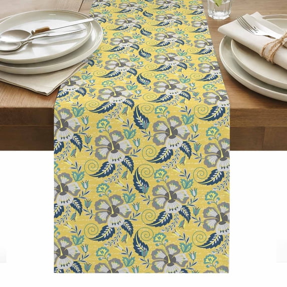 Yellow Cashew Flower Table Runner - 90 Inch Long, Kitchen Dining Table Runner Dresser Scarves, Retro Ethnic Abstract Country Farmhouse Decor for Coffee Tables Wedding Party Banquet